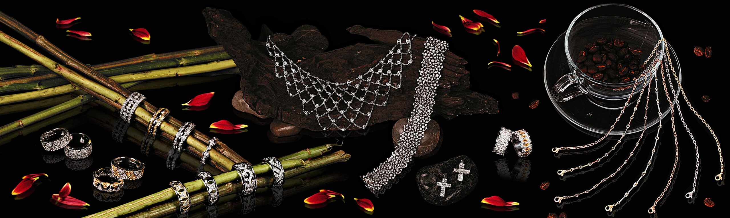 A collection of jewelry and accessories arranged