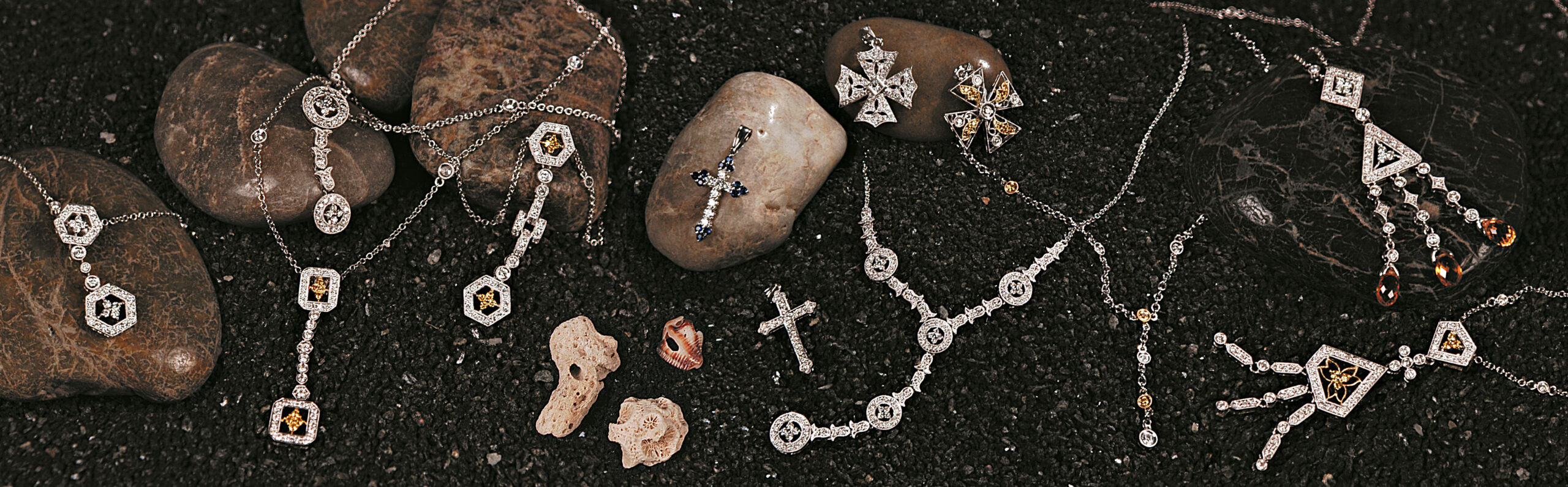A collection of jewelry and accessories arranged